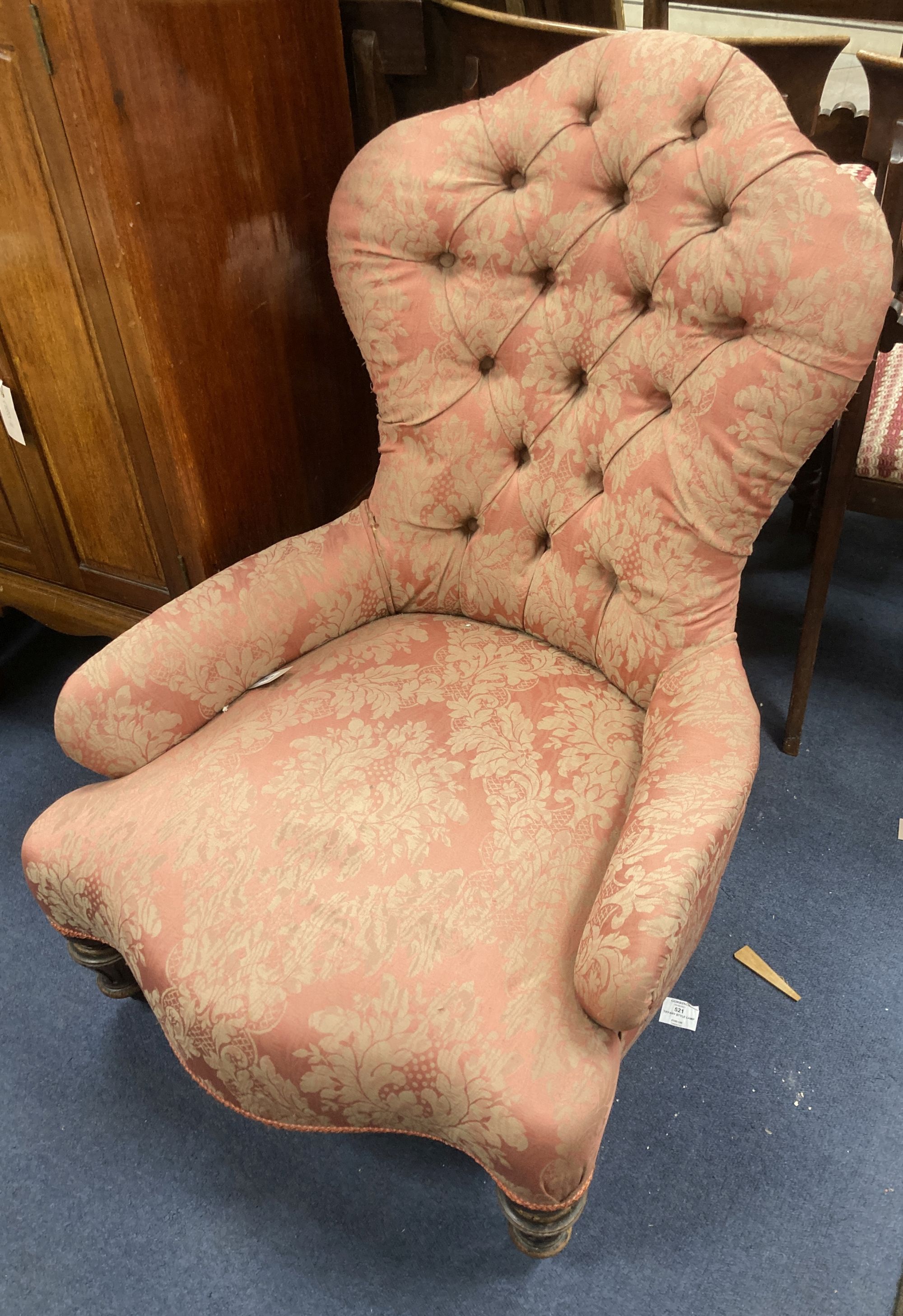 A Victorian button back nursing chair, with pink brocade upholstery, width 65cm, depth 55cm, height 85cm